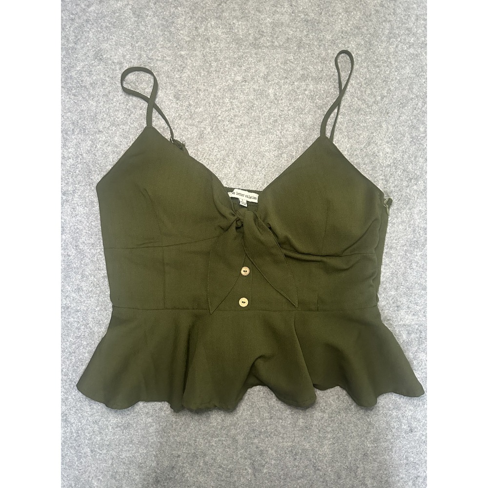 Love Letter Collection Tie Front Peplum Top Large‎ Olive Green Smocked Back